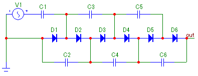 Схема умножителя на 6, тип A, линейное расположение диодов на схеме.