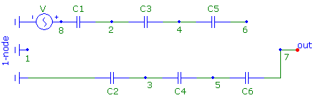 Умножитель напряжения на 6, тип A; эквивалентная схема умножителя в моменты, когда диоды заперты.